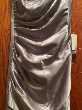 Satin Ruched Slip Dress in Metallic Silver